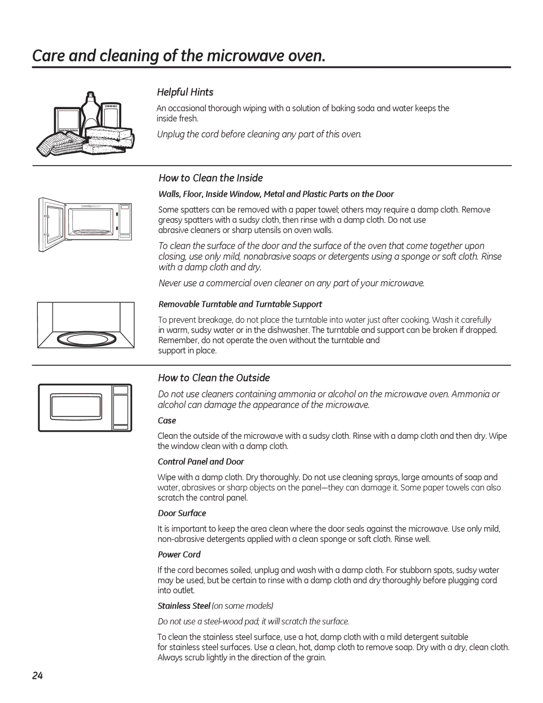 GE PEB7226 Care and cleaning of the microwave oven, Helpful Hints, How to Clean the Inside, How to Clean the Outside 