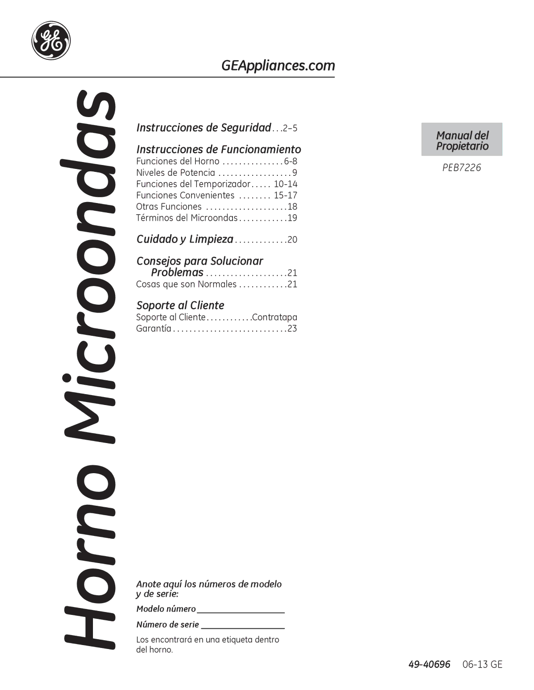 GE PEB7226 owner manual Modelo número Número de serie, Los encontrará en una etiqueta dentro del horno 