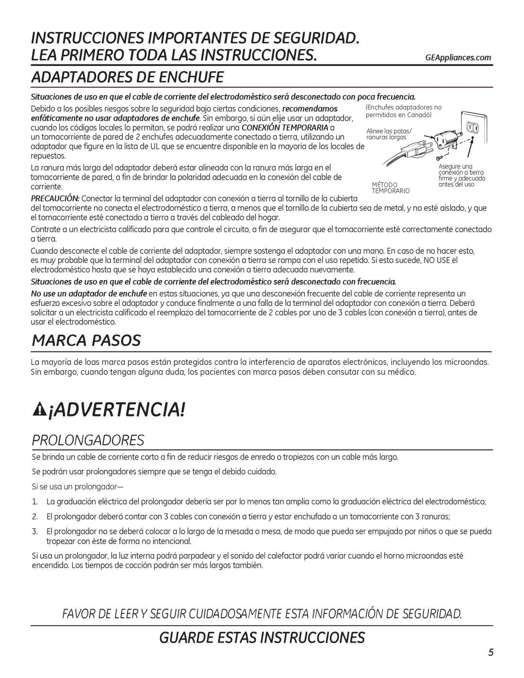 GE PEB7226 owner manual Asegure una conexión a tierra firme y adecuada antes del uso 