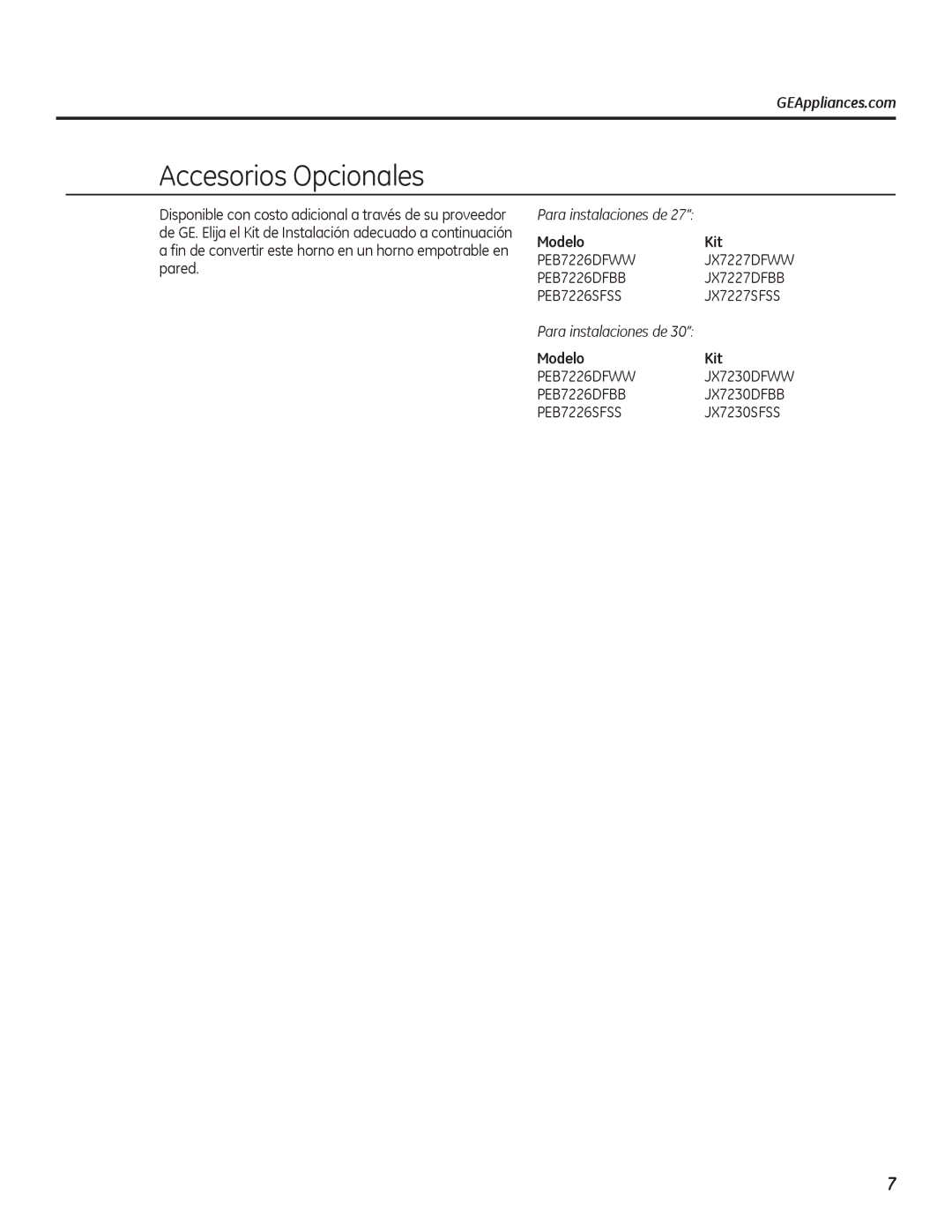 GE owner manual Modelo Kit, PEB7226DFBB JX7227DFBB PEB7226SFSS JX7227SFSS 