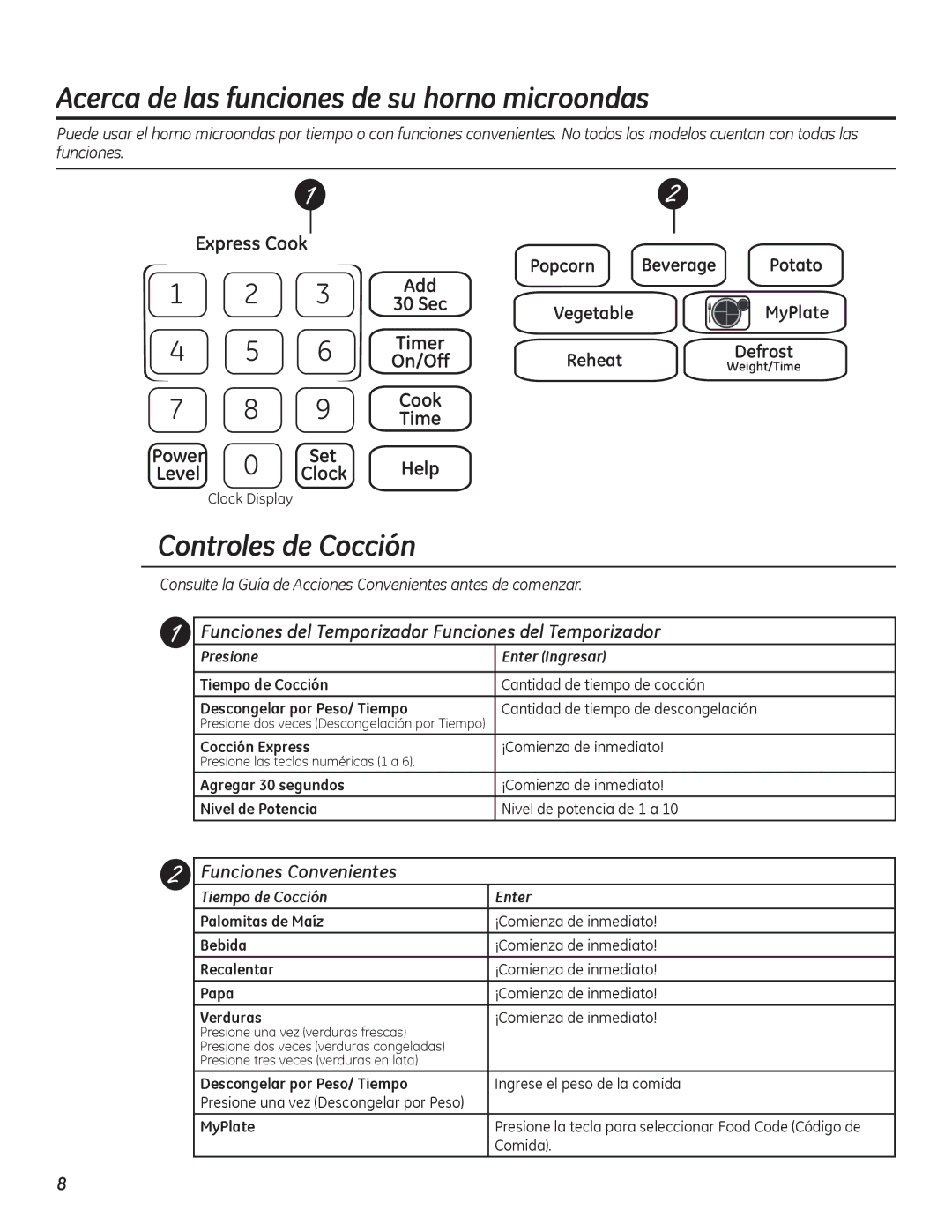 GE PEB7226 owner manual Controles de Cocción, Funciones del Temporizador Funciones del Temporizador, Funciones Convenientes 