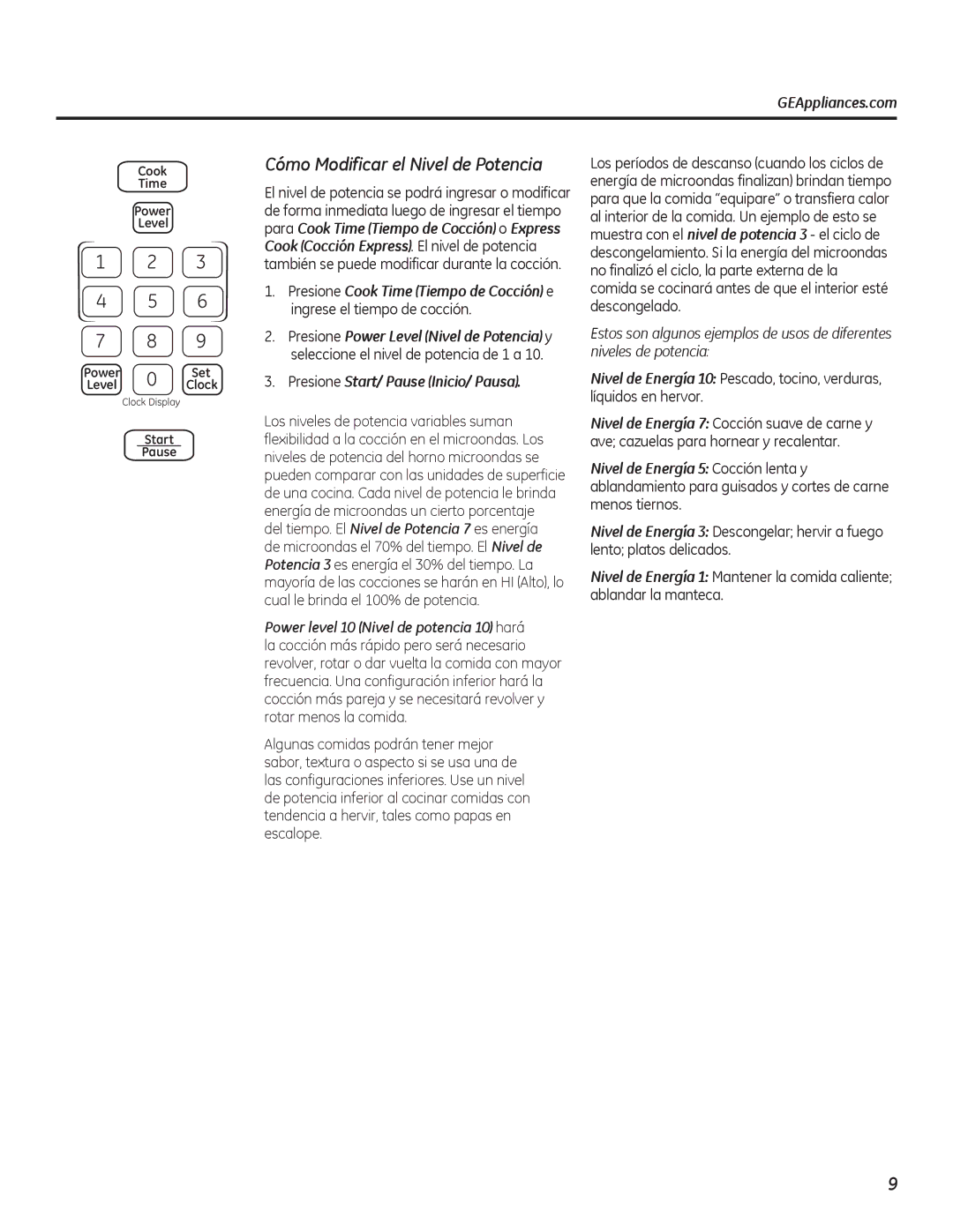 GE PEB7226 owner manual Cómo Modificar el Nivel de Potencia, Presione Start/ Pause Inicio/ Pausa 