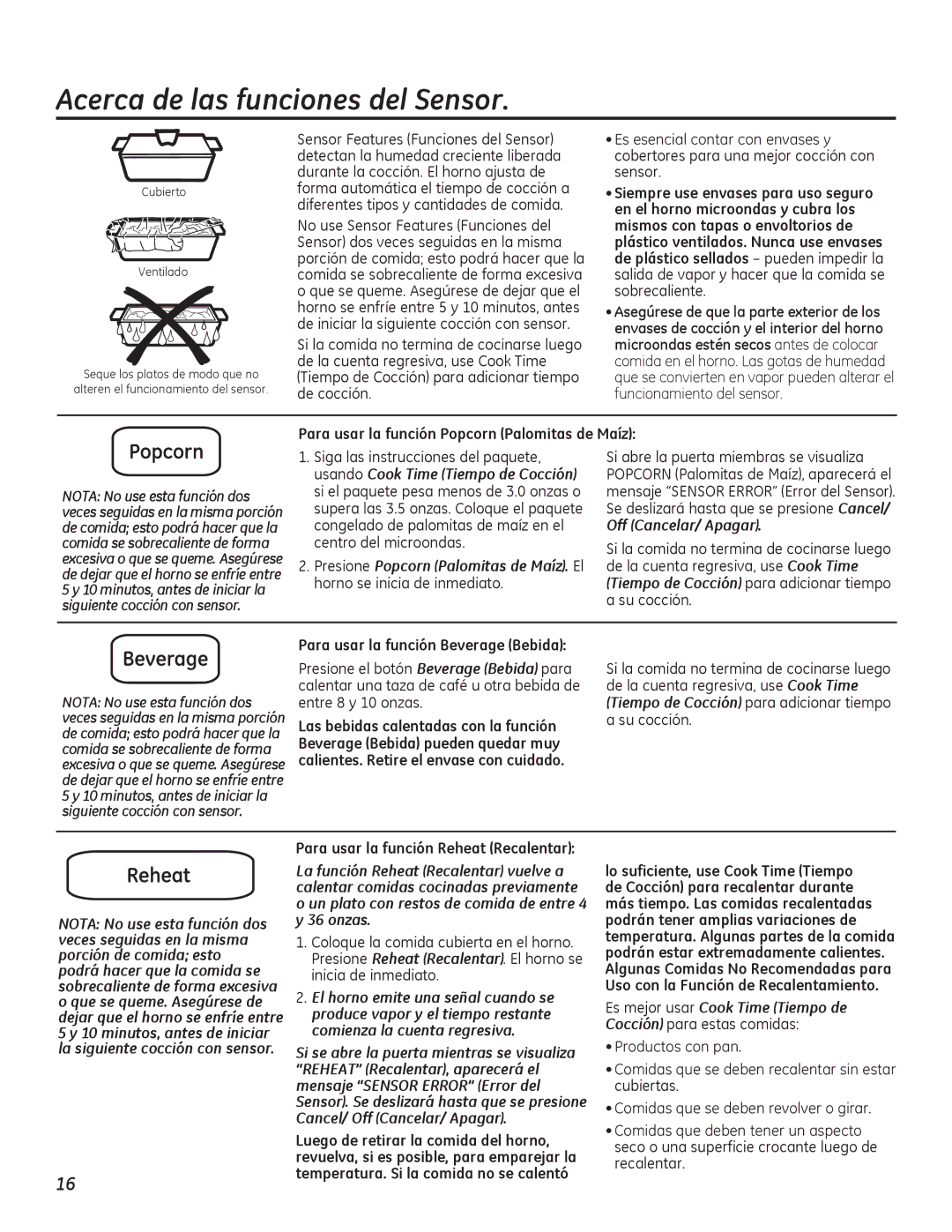 GE PEB7226 Acerca de las funciones del Sensor, Para usar la función Popcorn Palomitas de Maíz, Off Cancelar/ Apagar 