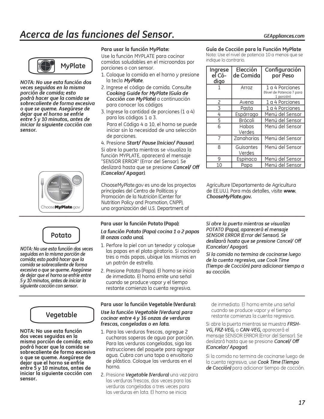 GE PEB7226 owner manual ChooseMyPlate.gov, La función Potato Papa cocina 1 o 2 papas 8 onzas cada una 