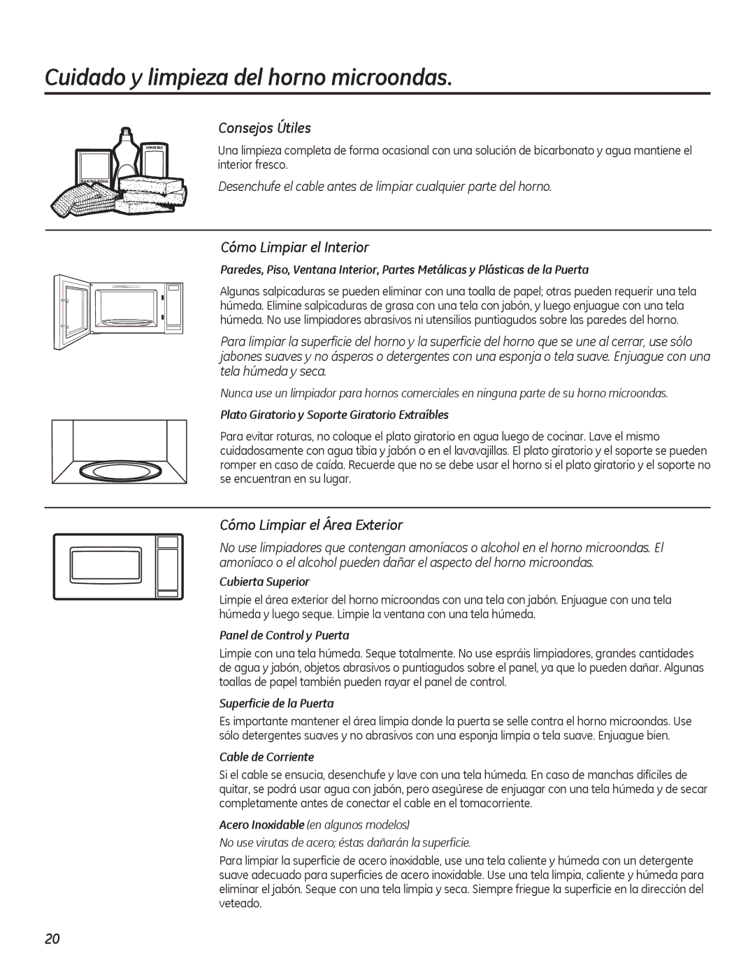 GE PEB7226 owner manual Cuidado y limpieza del horno microondas, Consejos Útiles, Cómo Limpiar el Interior 