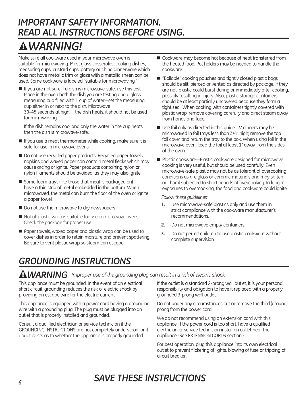 GE PEB7226 owner manual Grounding Instructions 