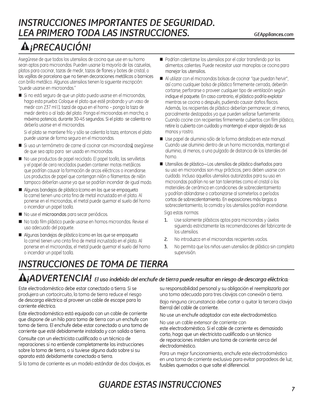 GE PEB7226 Puede usarse en microondas, PdqhmduOrvXwhqvlolrv, Este electrodoméstico debe estar conectado a tierra. Si se 