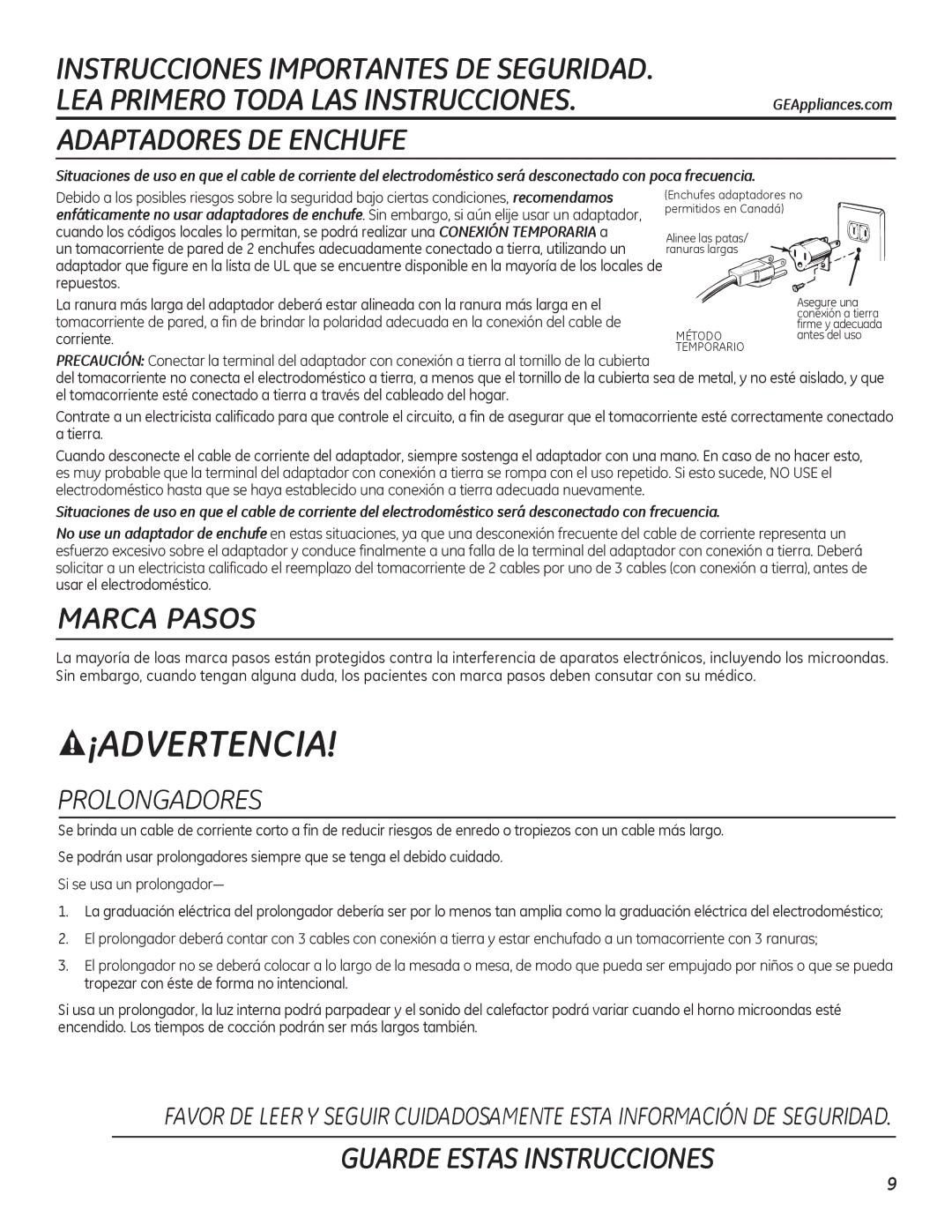 GE PEB7226 owner manual Adaptadores DE Enchufe, 6LVHXVDXQSURORQJDGRU³ 