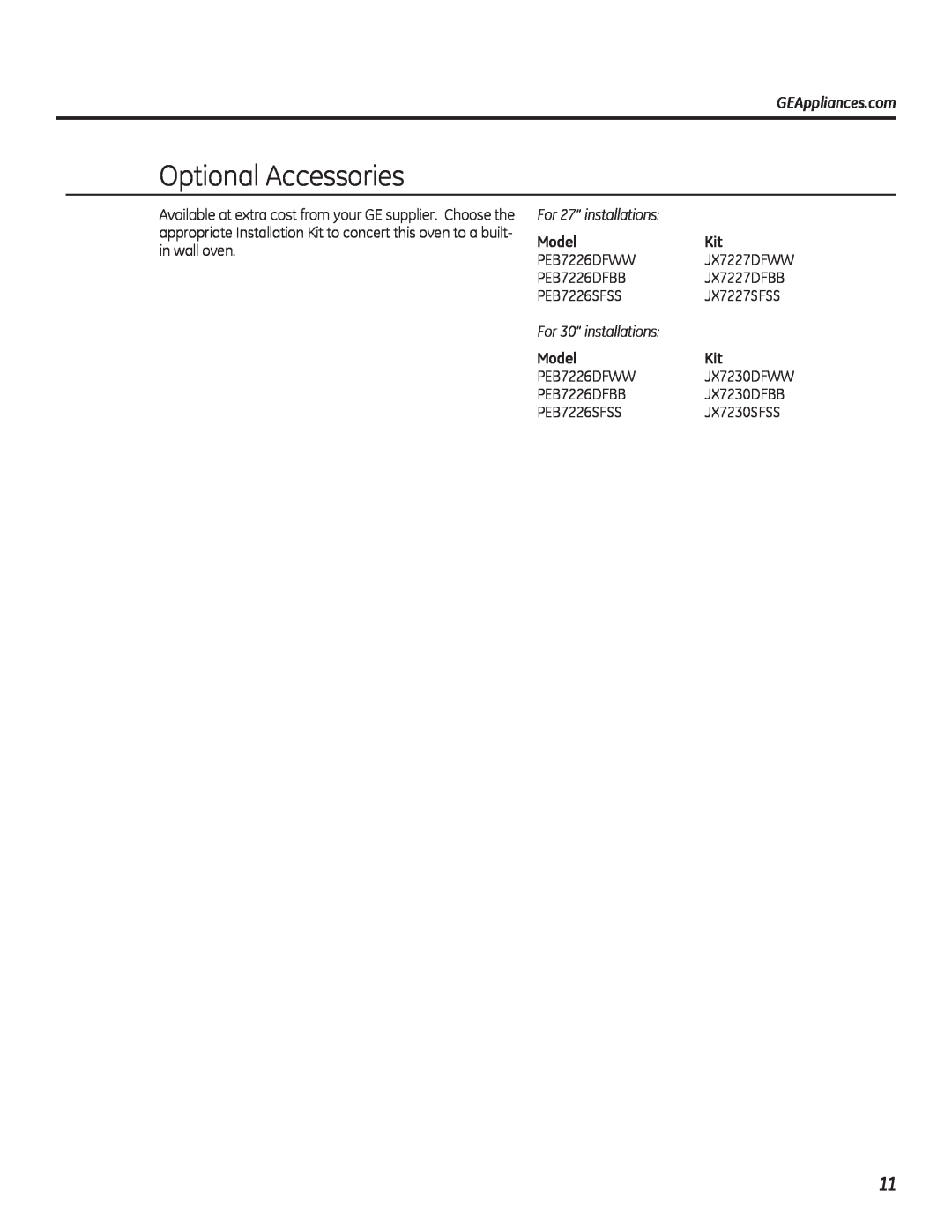 GE PEB7226 owner manual Optional Accessories, Model 