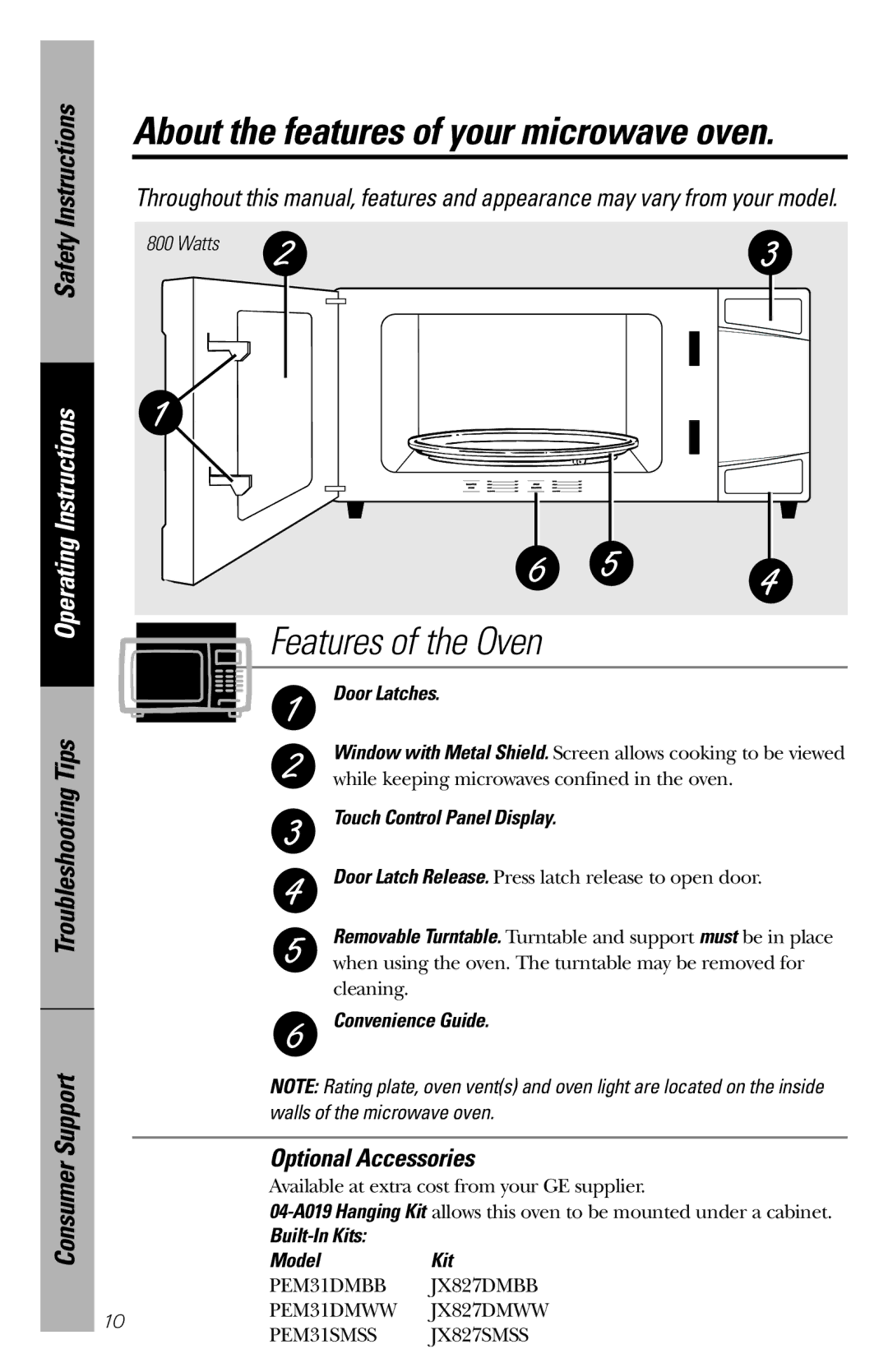 GE PEM31 owner manual Consumer Support Optional Accessories, Door Latches, Touch Control Panel Display, Convenience Guide 