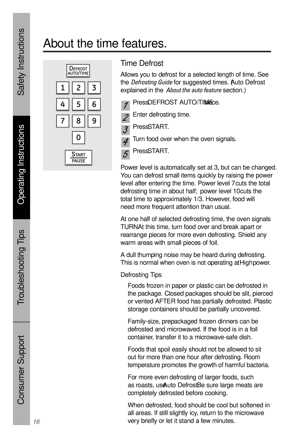 GE PEM31 owner manual Time Defrost, Press Defrost AUTO/TIME twice, Defrosting Tips 