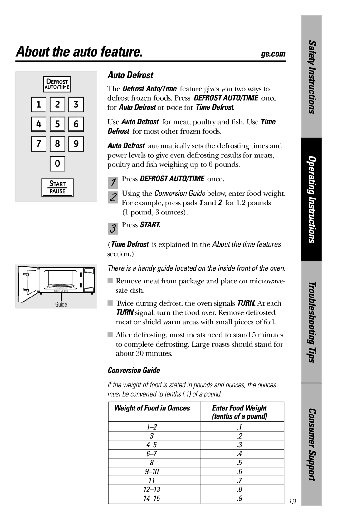 GE PEM31 About the auto feature.ge.com, Auto Defrost, Press Defrost AUTO/TIME once, Conversion Guide, Enter Food Weight 