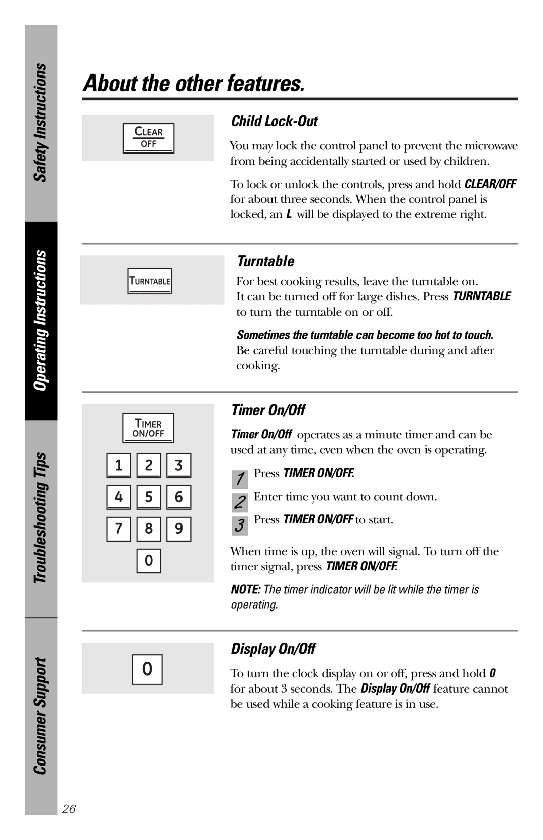 GE PEM31 owner manual Child Lock-Out, Turntable, Timer On/Off, Display On/Off, Press Timer ON/OFF 