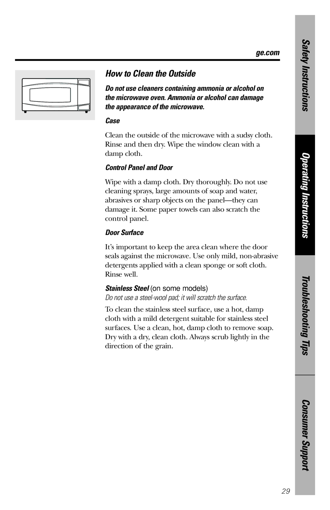 GE PEM31 owner manual How to Clean the Outside, Case, Control Panel and Door, Door Surface, Stainless Steel on some models 