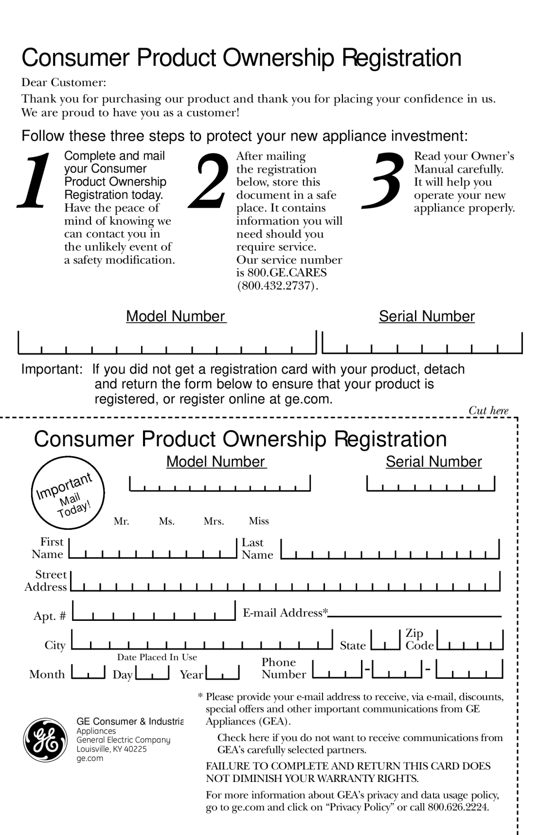 GE PEM31 owner manual Consumer Product Ownership Registration 