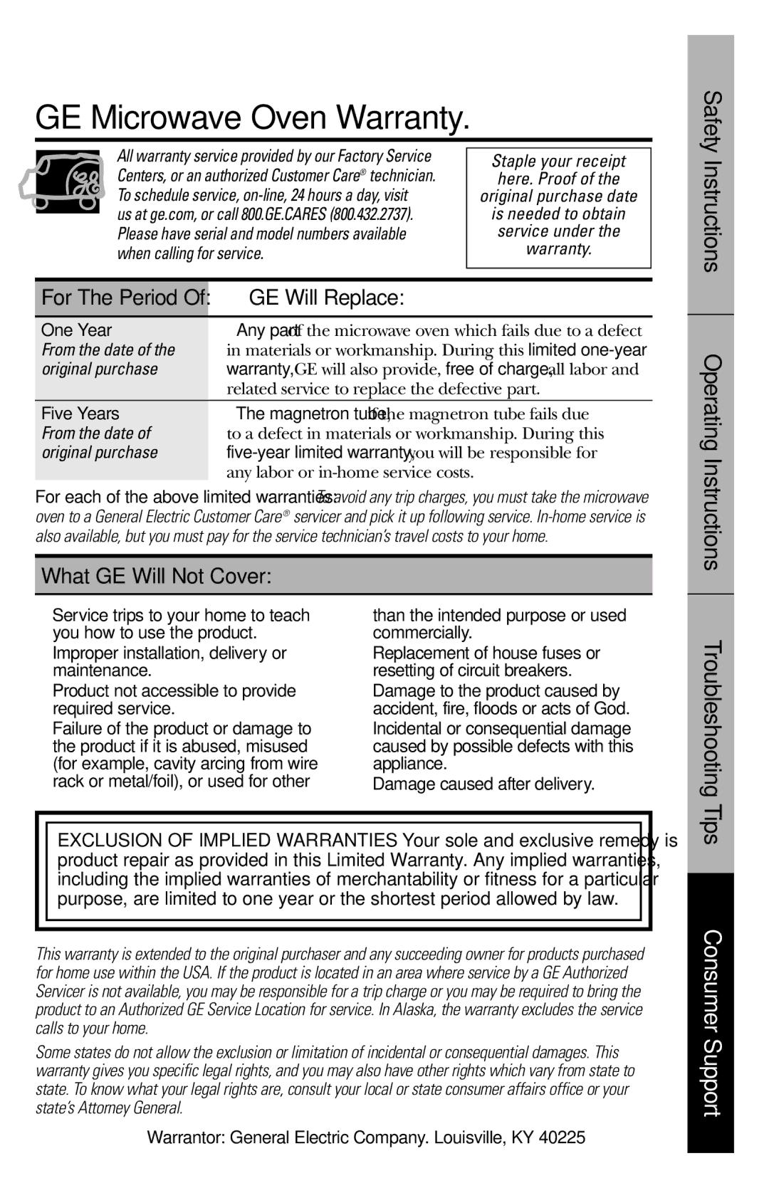 GE PEM31 owner manual GE Microwave Oven Warranty, GE Will Replace, What GE Will Not Cover, Safety, For The Period 