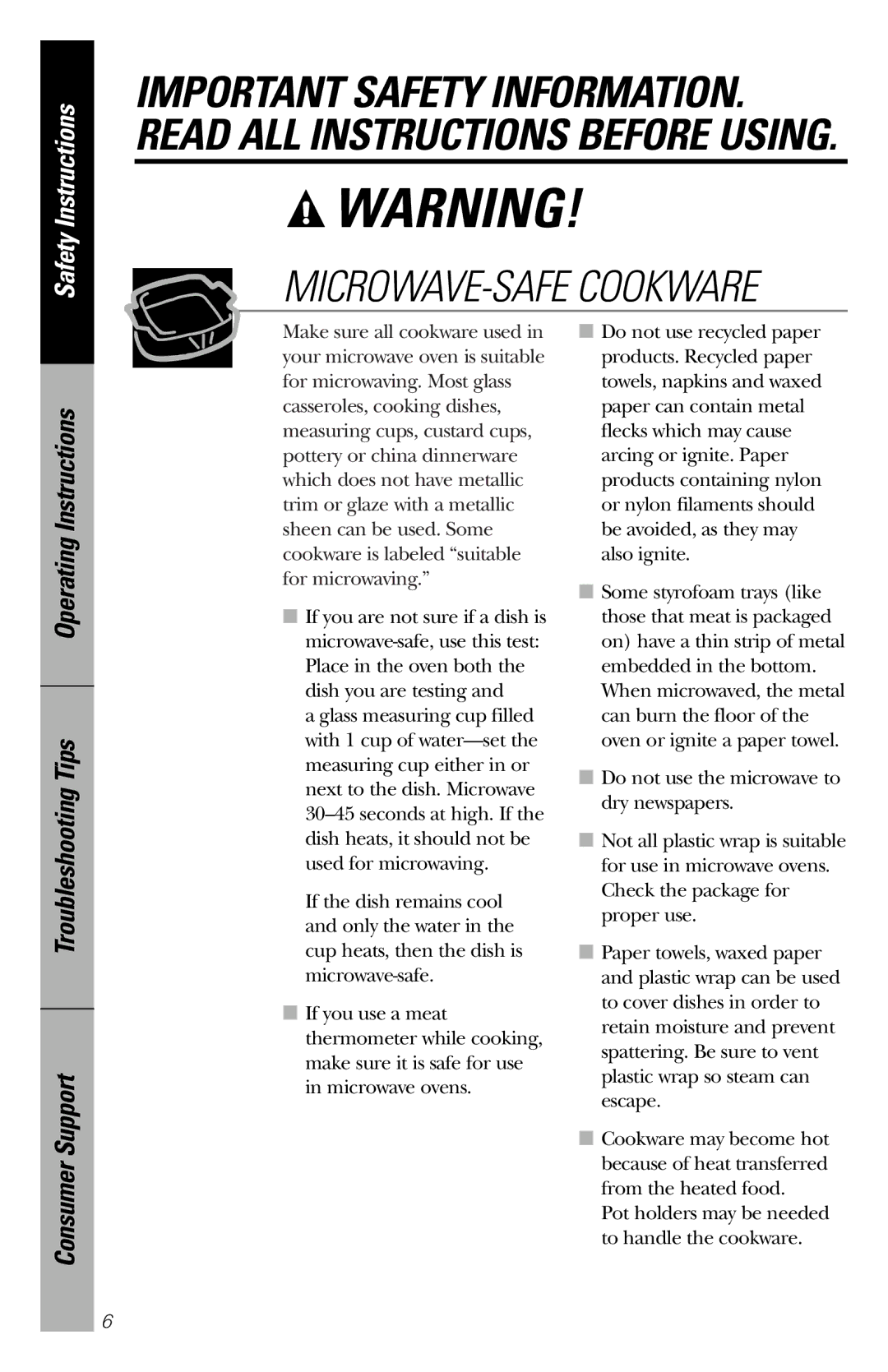 GE PEM31 owner manual MICROWAVE-SAFE Cookware 