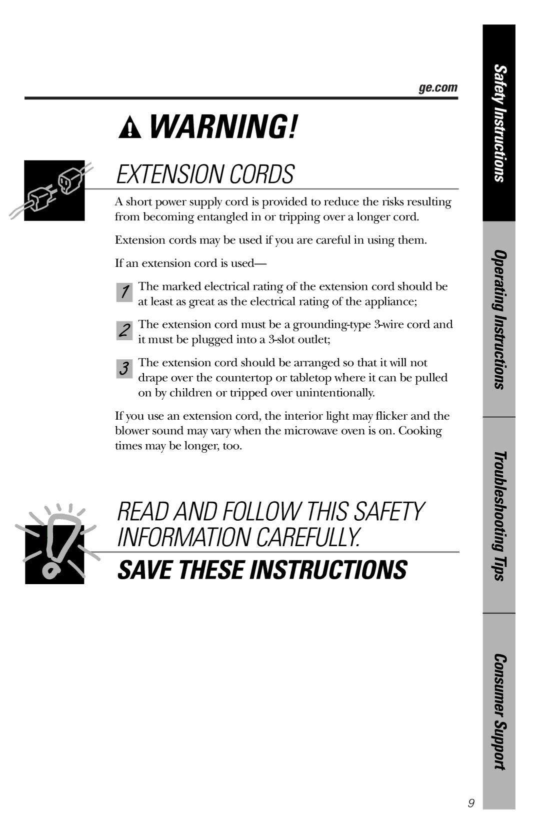 GE PEM31 owner manual Extension Cords 