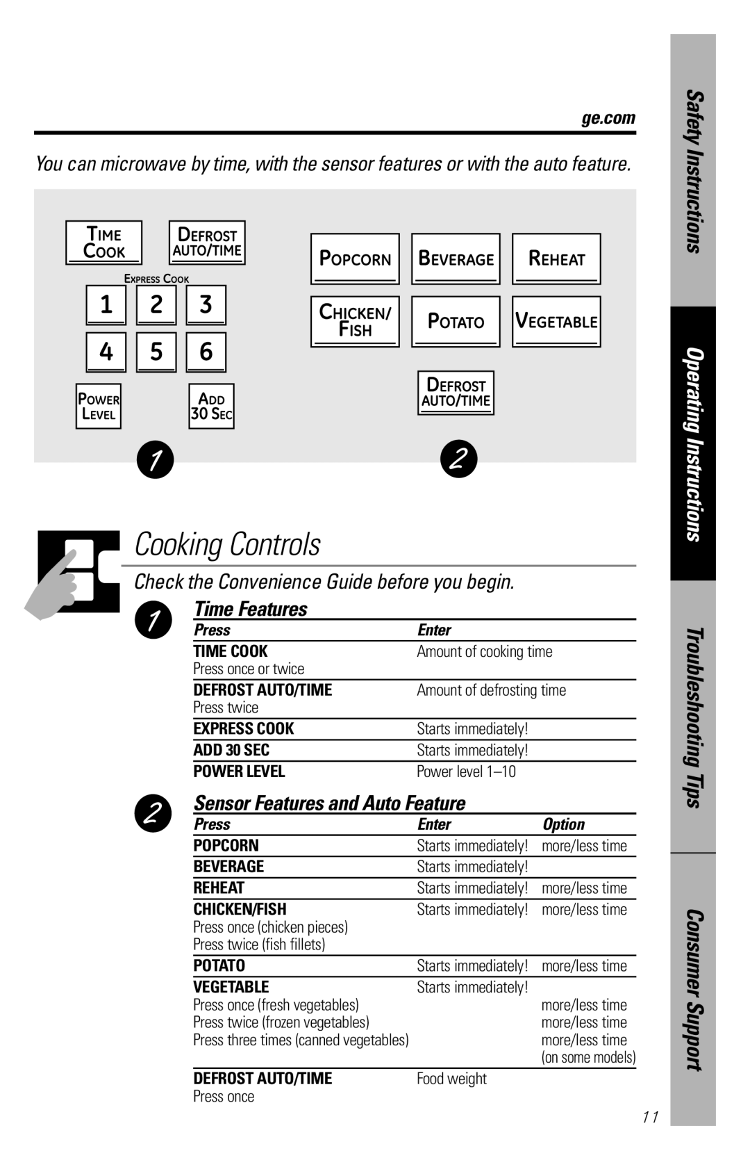 GE PEM31 Cooking Controls, Check the Convenience Guide before you begin, Time Features, Sensor Features and Auto Feature 
