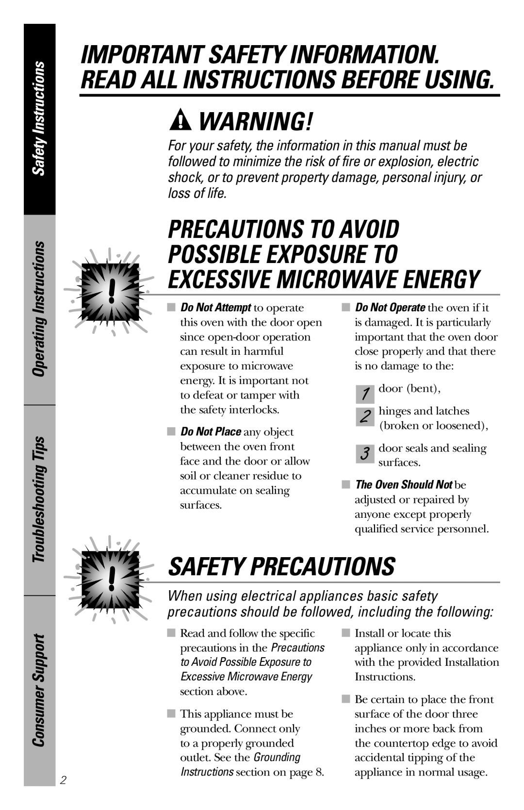GE PEM31 Precautions To Avoid Possible Exposure To, Safety Precautions, Excessive Microwave Energy, Safety Instructions 