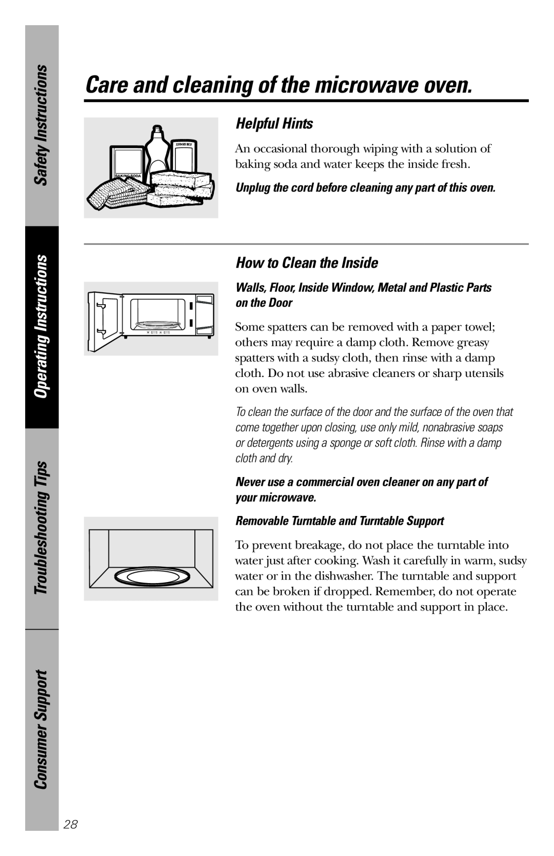 GE PEM31 owner manual Helpful Hints, How to Clean the Inside, Care and cleaning of the microwave oven, Safety Instructions 