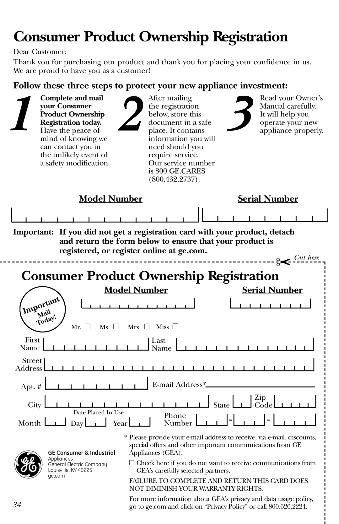 GE PEM31 owner manual Consumer Product Ownership Registration, Serial Number, Model Number, Cut here 