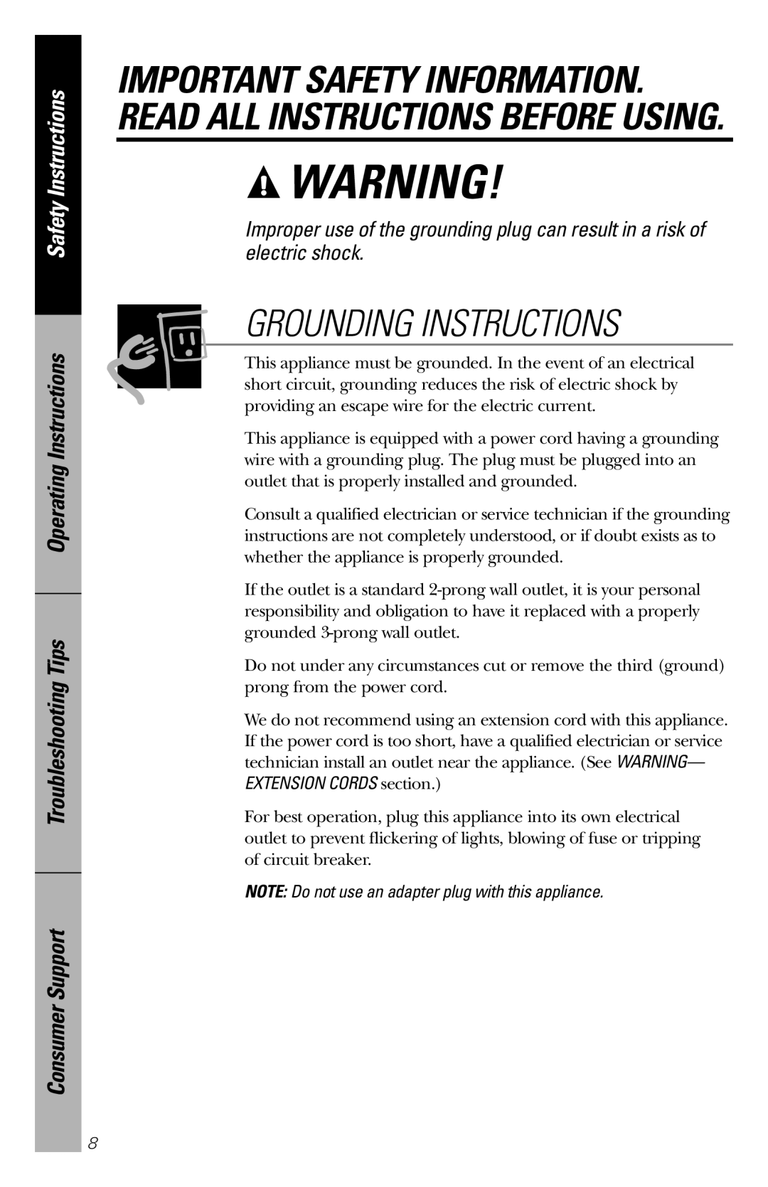 GE PEM31 Grounding Instructions, Safety Instructions, Operating Instructions Troubleshooting Tips, Consumer Support 