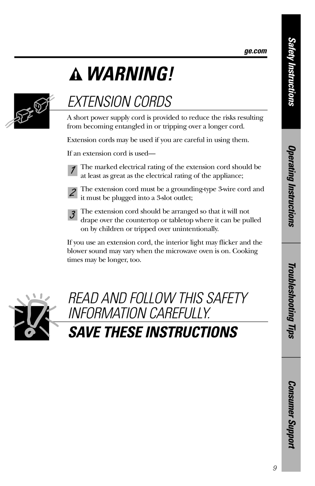 GE PEM31 Extension Cords, Save These Instructions, Read And Follow This Safety Information Carefully, Safety Instructions 