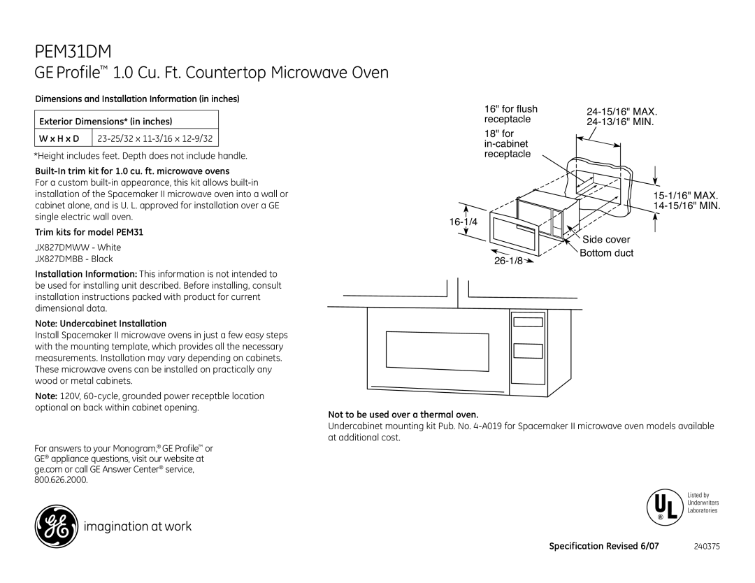 GE PEM31DM dimensions GE Profile 1.0 Cu. Ft. Countertop Microwave Oven, Bottom duct 