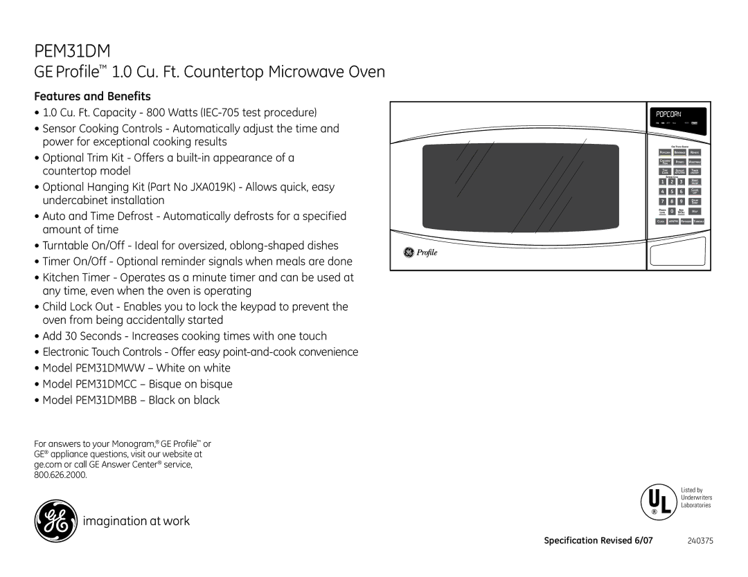 GE PEM31DM dimensions Features and Benefits 