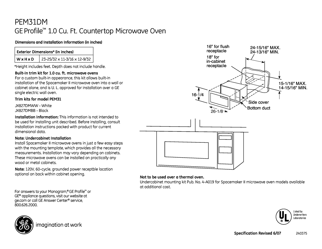 GE PEM31DM dimensions GE Profile 1.0 Cu. Ft. Countertop Microwave Oven, for flush, 24-15/16MAX, receptacle, 24-13/16MIN 