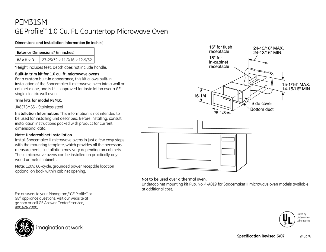 GE PEM31SMSS dimensions GE Profile 1.0 Cu. Ft. Countertop Microwave Oven, Bottom duct 