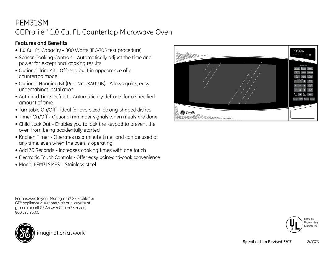 GE PEM31SMSS dimensions Features and Benefits 