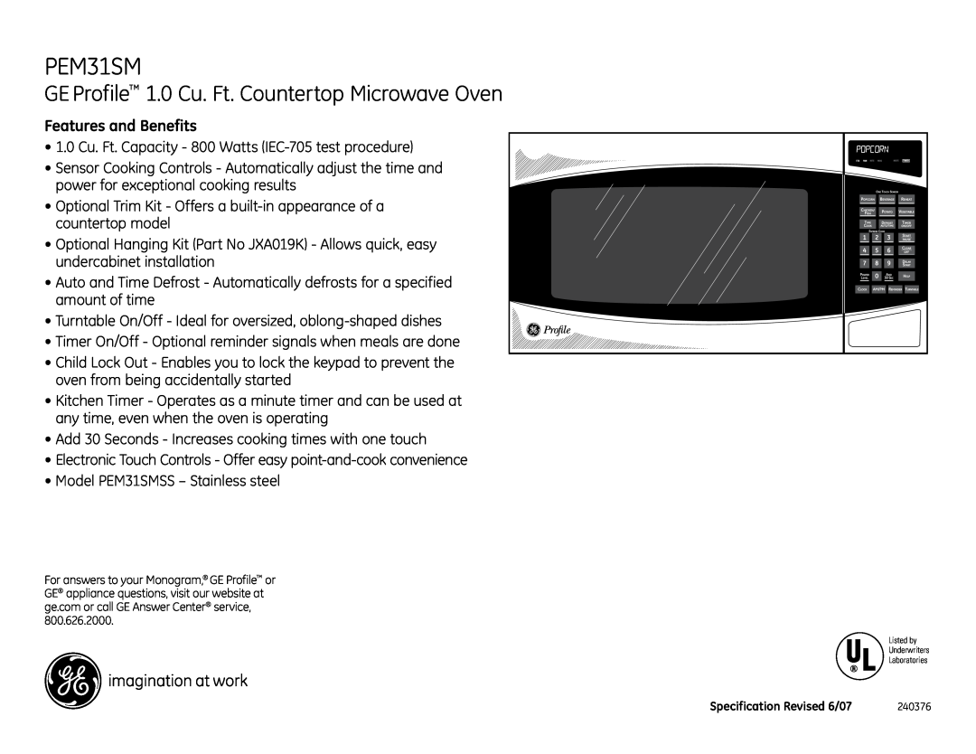 GE PEM31SMSS dimensions GE Profile 1.0 Cu. Ft. Countertop Microwave Oven, Features and Benefits 