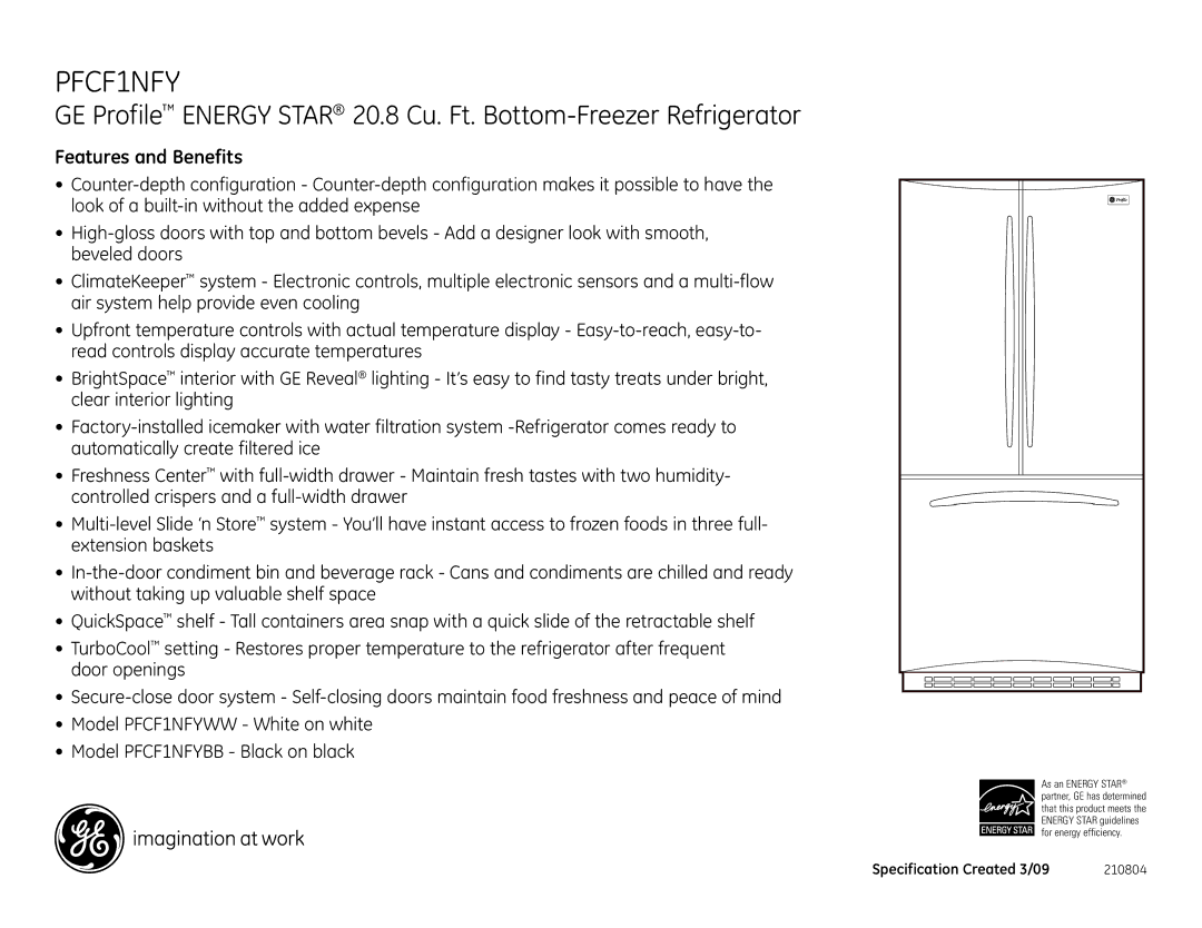 GE PFCF1NFY dimensions Features and Benefits 