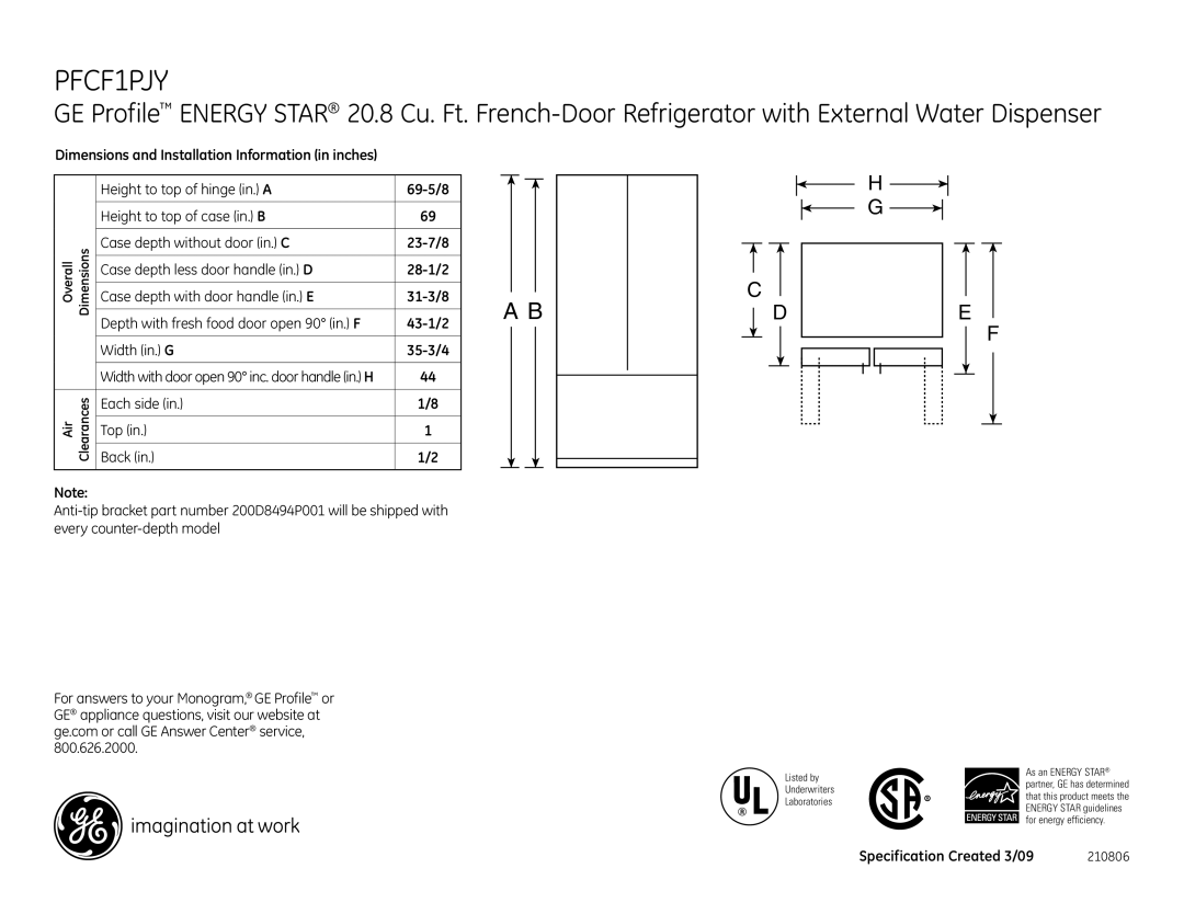 GE PFCF1PJY dimensions Each side Back Top, Specification Created 3/09 