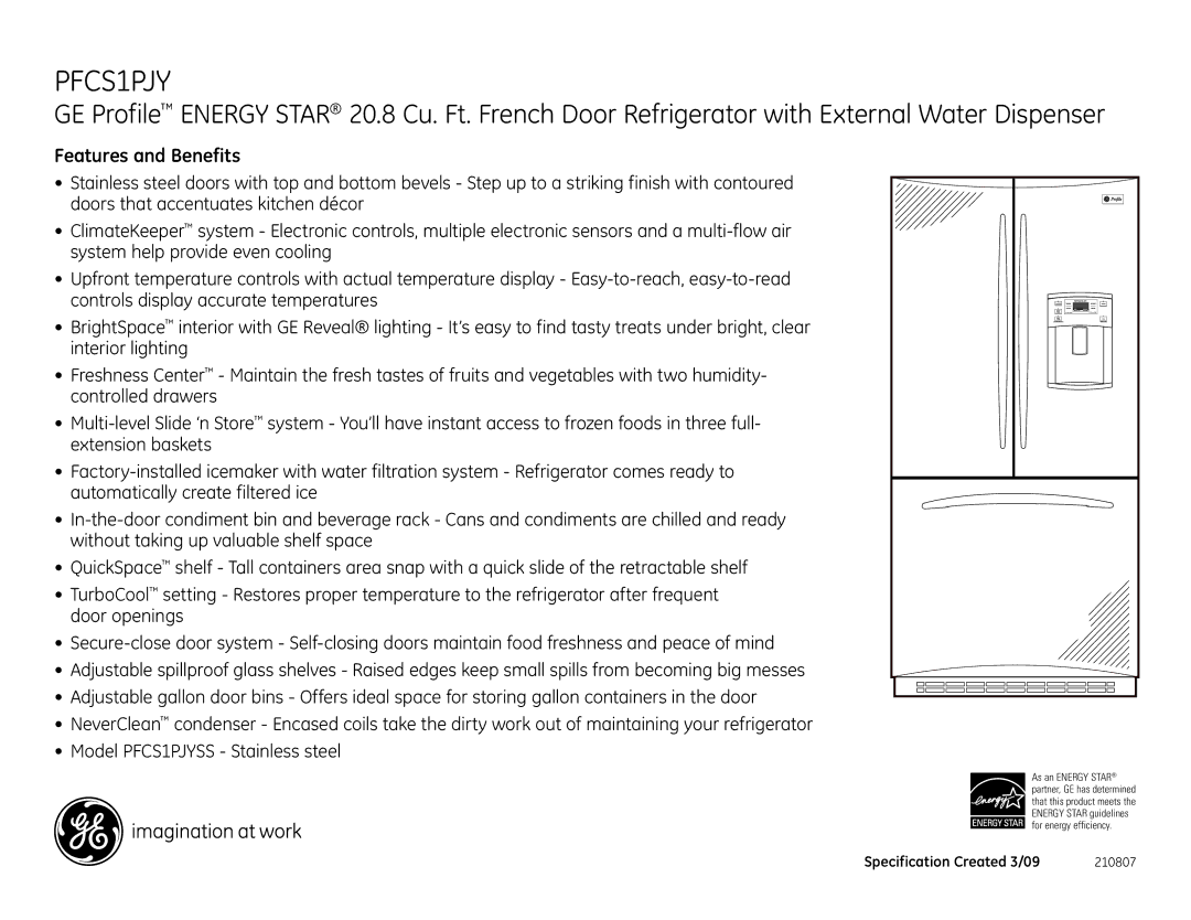 GE PFCS1PJY dimensions Features and Benefits 