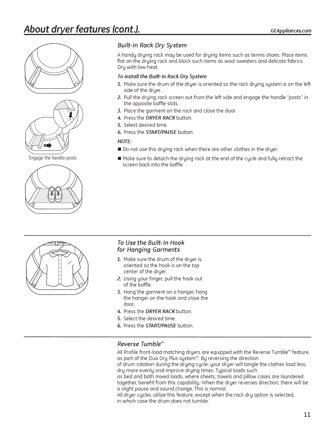 GE PFDS455, PFDS450, PFDN440 Built-In Rack Dry System, To Use the Built-In Hook for Hanging Garments, Reverse Tumble 