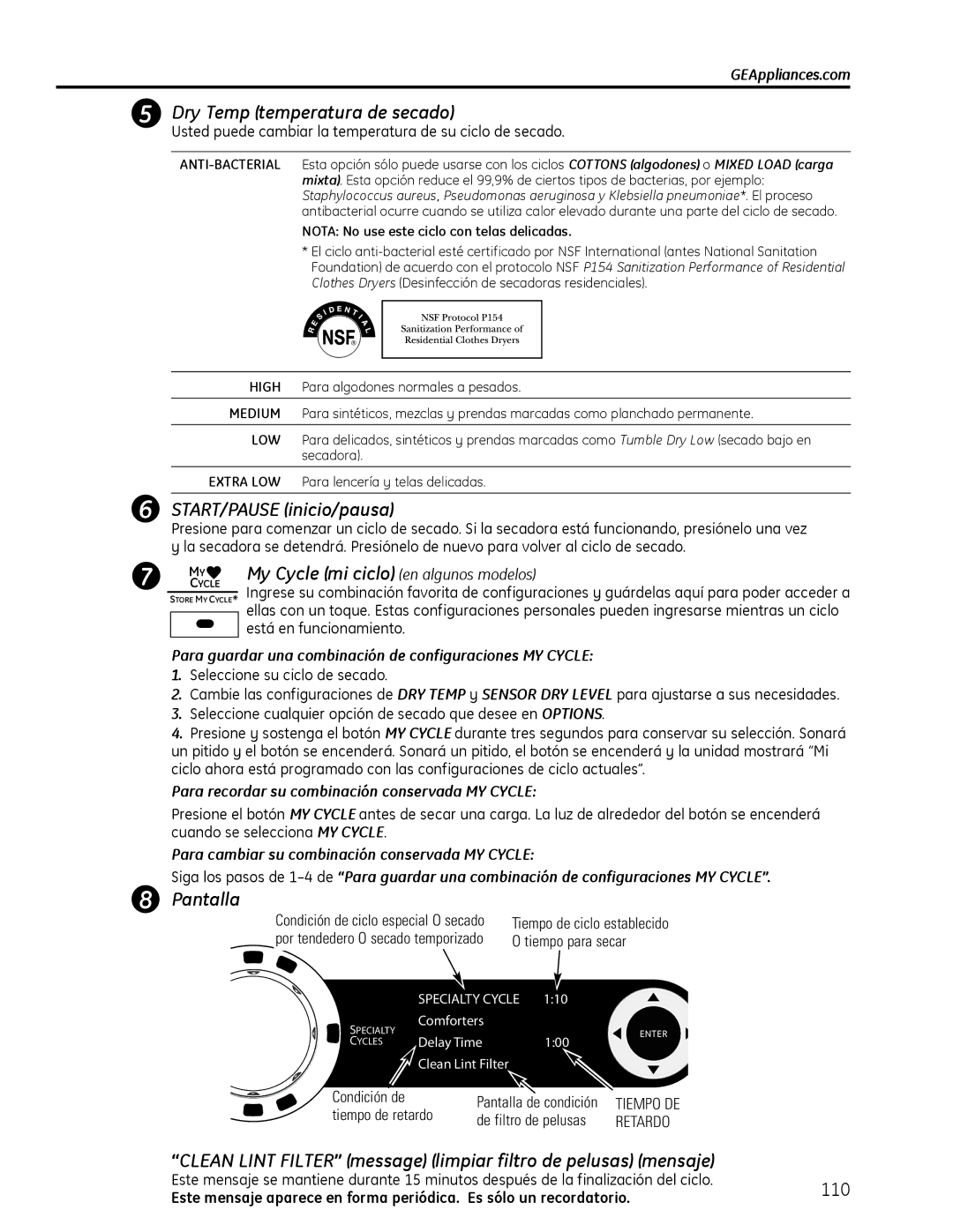 GE PFDN445 Dry Temp temperatura de secado, START/PAUSE inicio/pausa, My Cycle mi ciclo en algunos modelos, Pantalla 