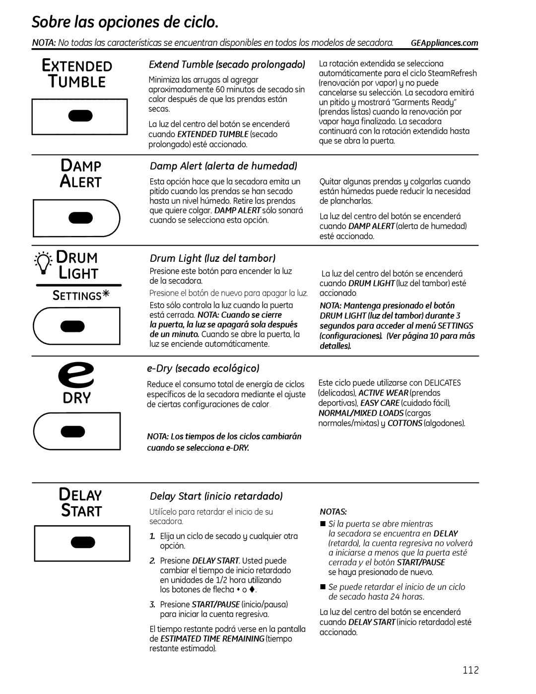 GE PFDS450, PFDN440, PFMN445, PFDS455, PFMS450, PFMN440, PFDN445, PFMS455 operating instructions Sobre las opciones de ciclo 