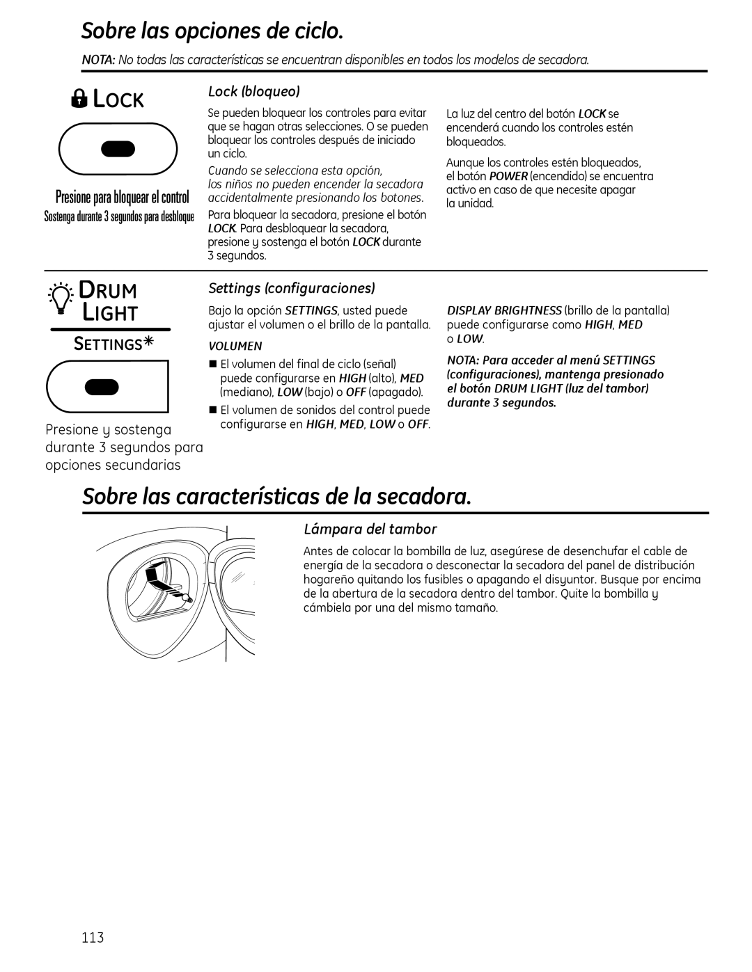 GE PFDN440, PFDS450 Sobre las características de la secadora, Lock bloqueo, Settings configuraciones, Lámpara del tambor 