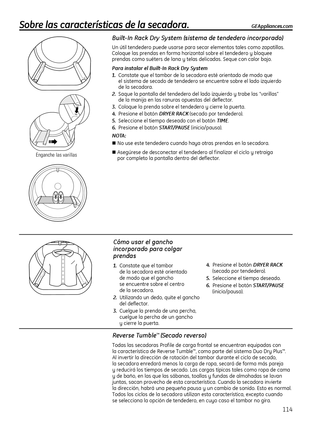 GE PFMN445 Sobre las características de la secadora.GEAppliances.com, Cómo usar el gancho incorporado para colgar prendas 