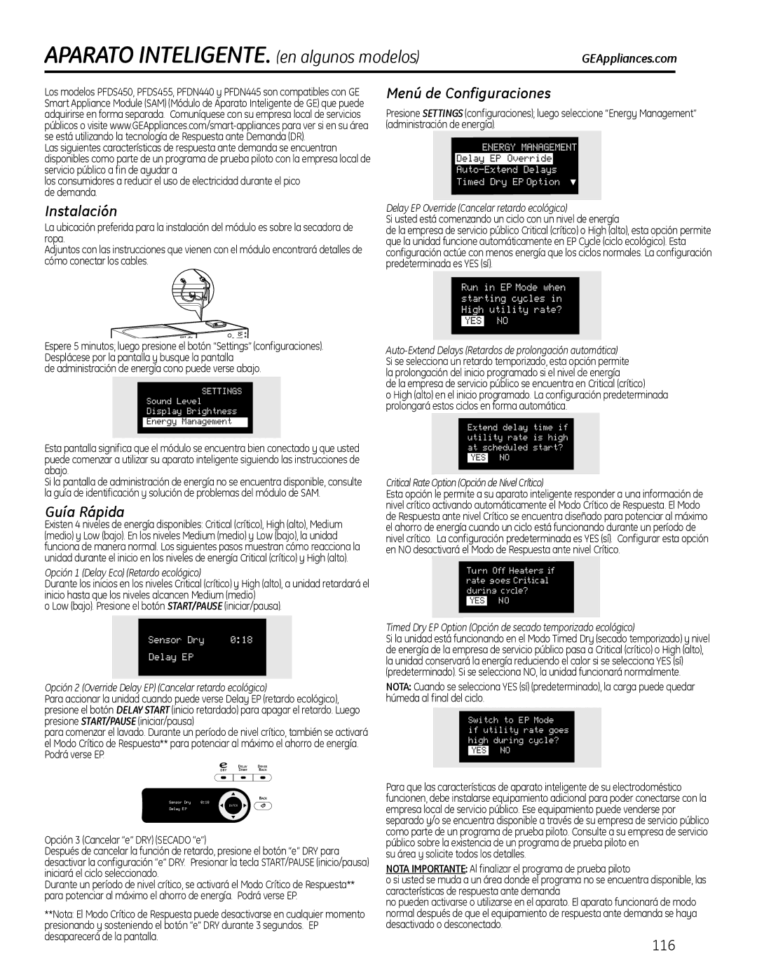 GE PFMS450, PFDS450, PFDN440 Aparato INTELIGENTE. en algunos modelos, Menú de Configuraciones, Instalación, Guía Rápida 