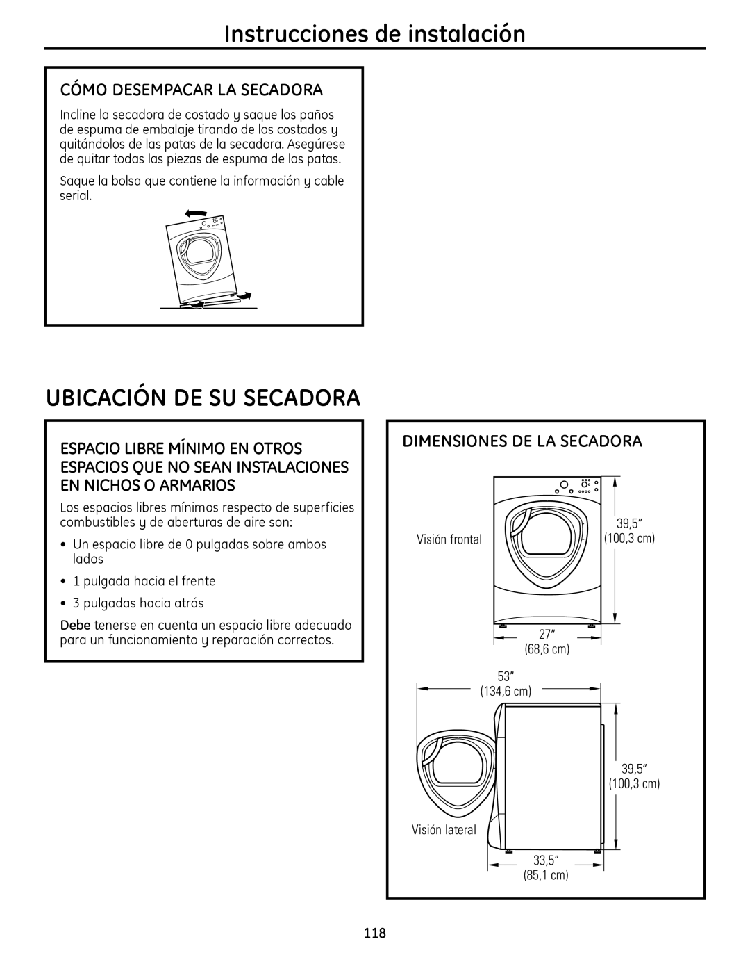 GE PFDN445 Cómo Desempacar LA Secadora, Dimensiones DE LA Secadora, Visión frontal 100,3, Visión lateral, 84785,1ccm 