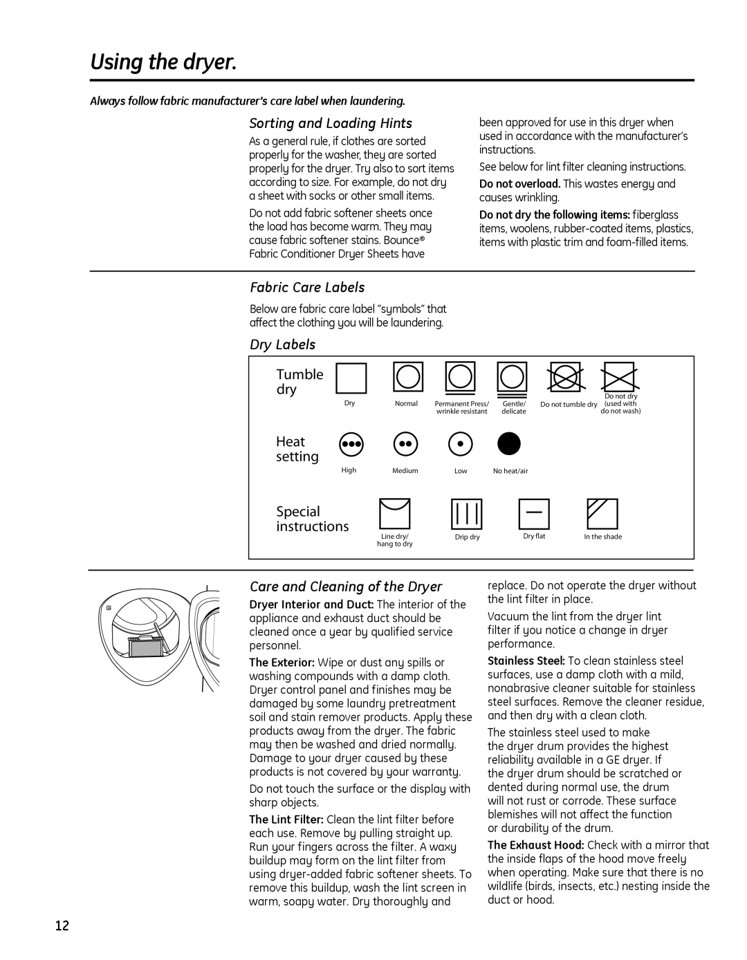 GE PFMS450 Using the dryer, Sorting and Loading Hints, Fabric Care Labels, Dry Labels, Care and Cleaning of the Dryer 