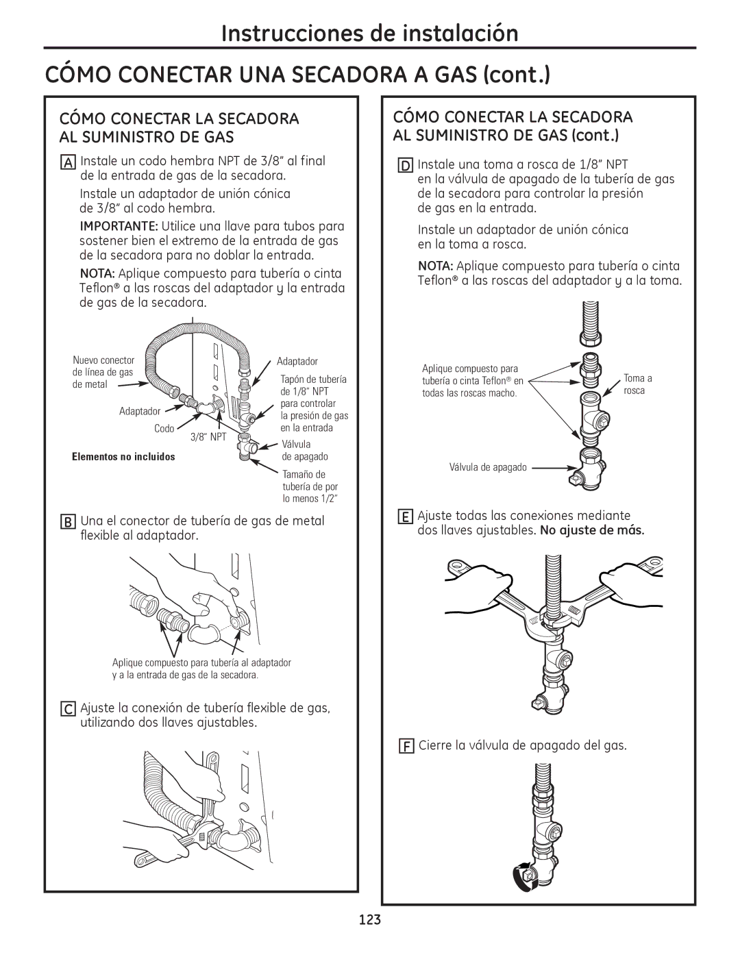 GE PFDS455, PFDS450, PFDN440, PFMN445, PFMS450, PFMN440, PFDN445, PFMS455 Cómo Conectar LA Secadora AL Suministro DE GAS 