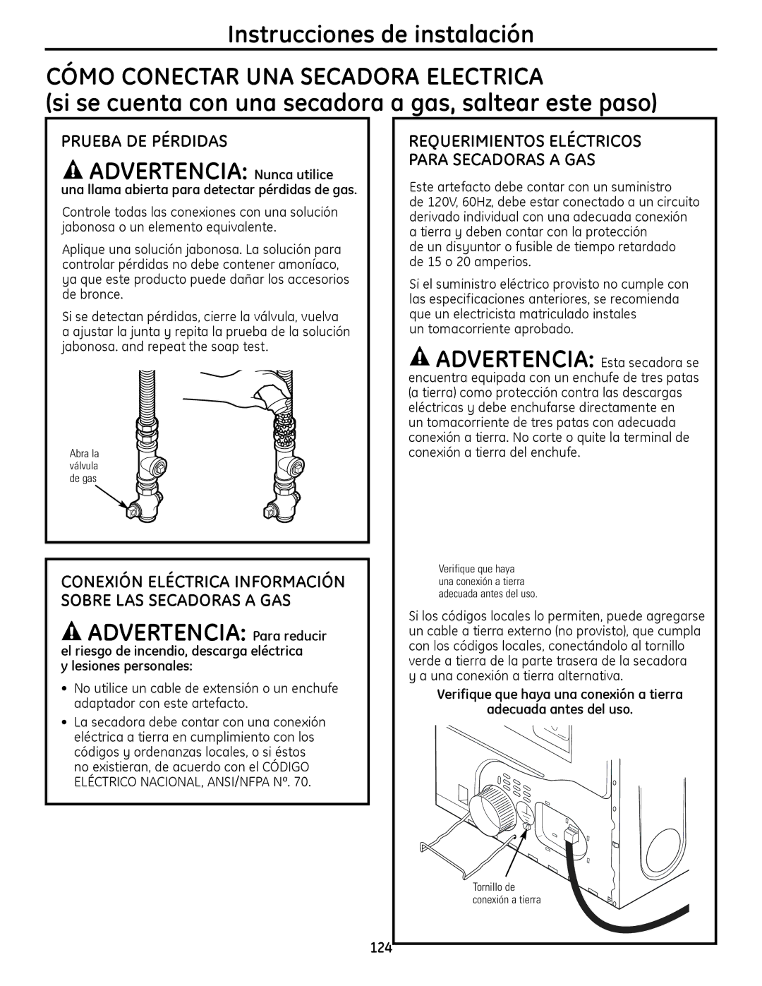 GE PFMS450 Cómo Conectar UNA Secadora Electrica, Prueba DE Pérdidas, Requerimientos Eléctricos Para Secadoras a GAS 