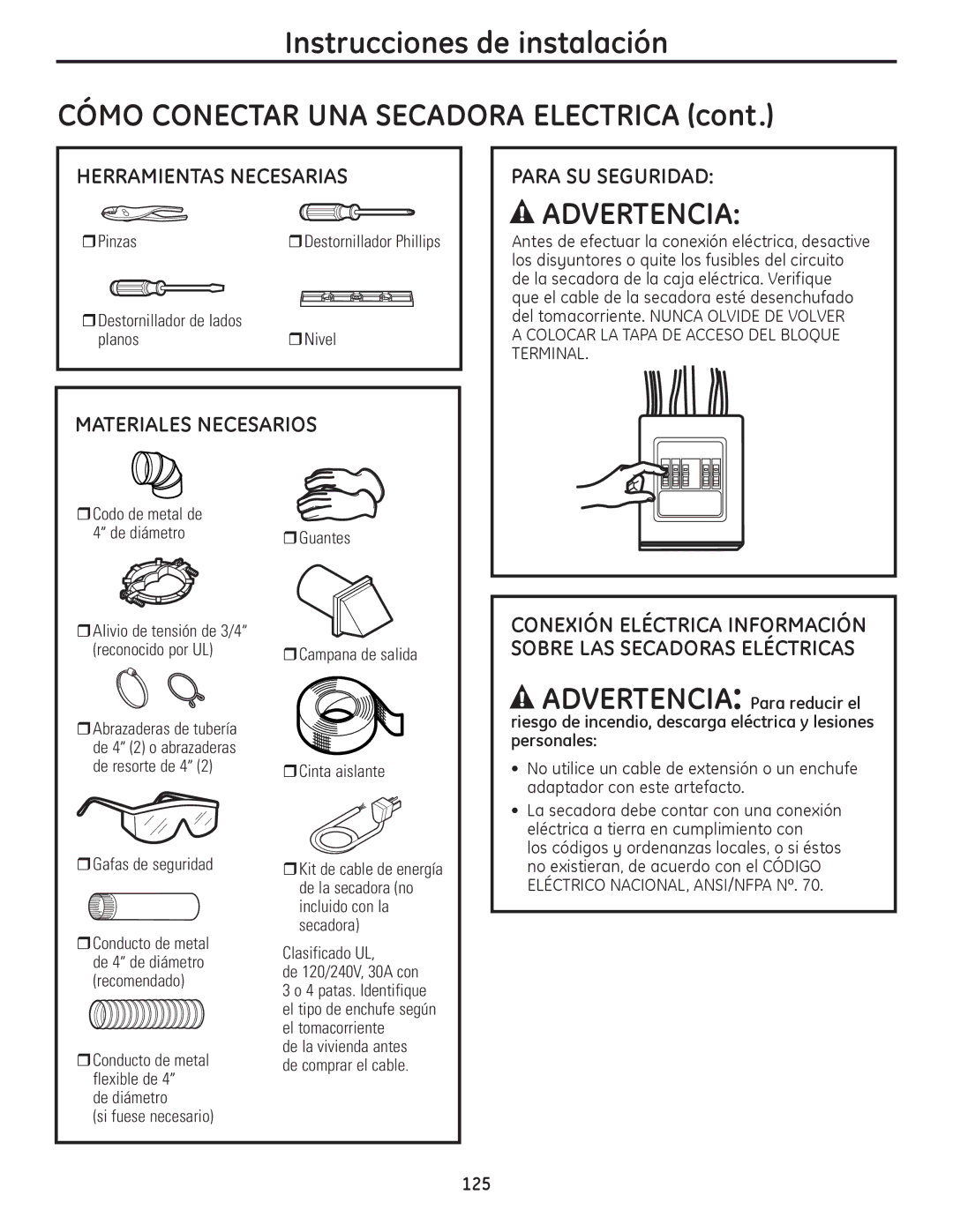 GE PFMN440, PFDS450 RPinzas, Destornillador de lados PlanosrNivel, Gafas de seguridad, Clasificado UL De 120/240V, 30A con 