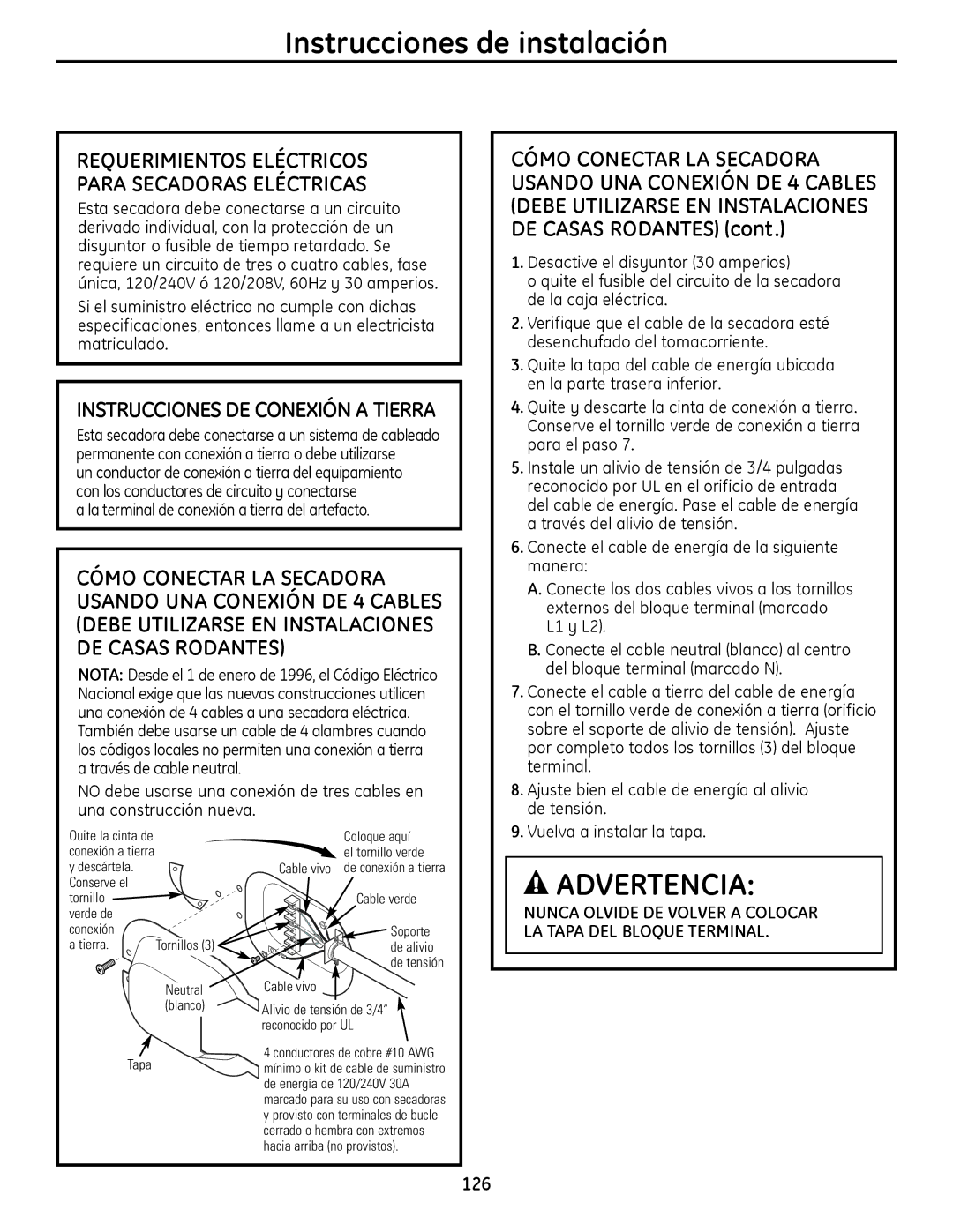 GE PFDN445, PFDS450, PFDN440 Instrucciones DE Conexión a Tierra, Requerimientos Eléctricos Para Secadoras Eléctricas 