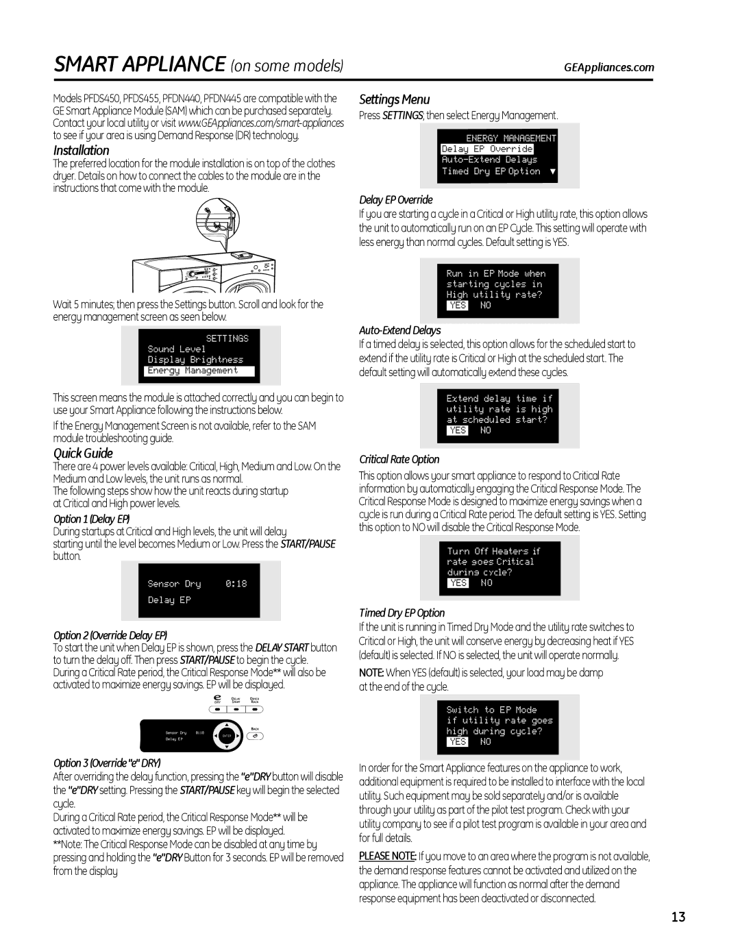 GE PFMN440, PFDS450, PFDN440, PFMN445, PFDS455 Smart Appliance onsomemodels, Installation, Quick Guide, Settings Menu 